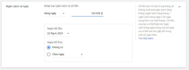 Cài đặt chi tiết cho chiến dịch của bạn
