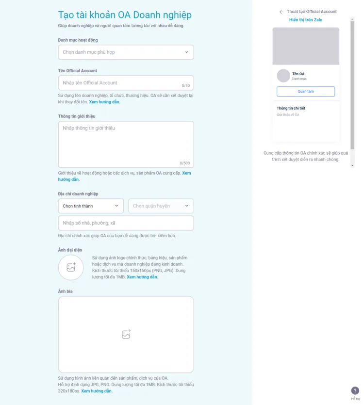 Bước 2: Khởi tạo Zalo Official Account Bước 2: Khởi tạo Zalo Official Account