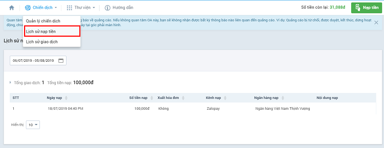 Lịch sử nạp tiền của tài khoản Zalo