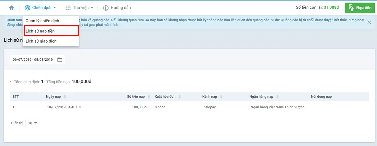 Lịch sử nạp tiền của tài khoản Zalo