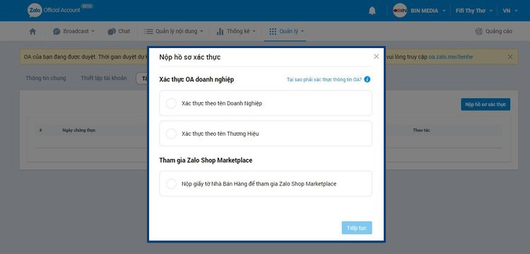 Bước 4: Tài khoản OA đươc duyệt Bước 4: Tài khoản OA đươc duyệt