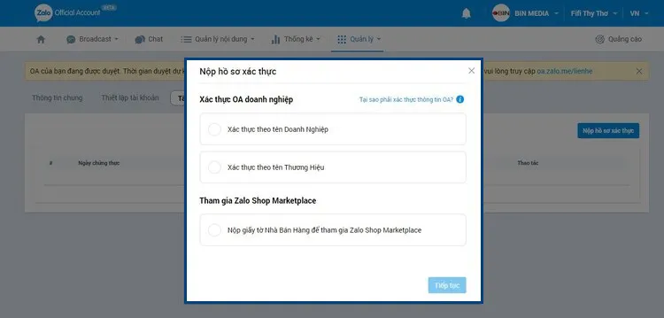 Bước 4: Tài khoản OA đươc duyệt Bước 4: Tài khoản OA đươc duyệt