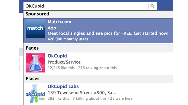 Facebook hiển thị quảng cáo ngay cả trên thanh tìm kiếm