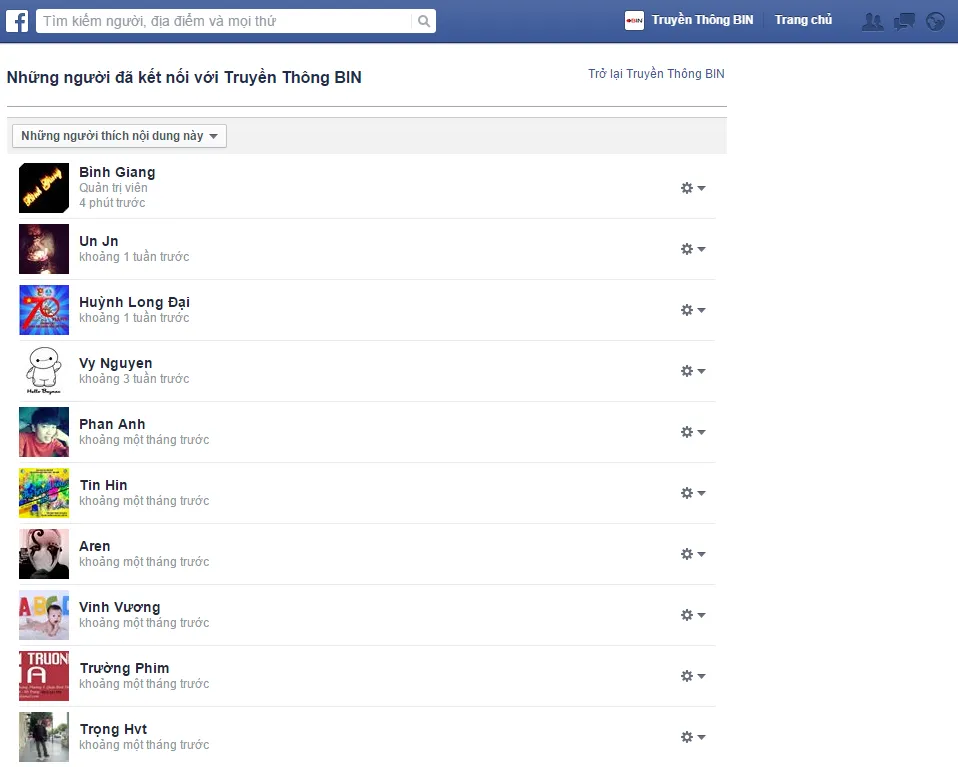 Danh sách toàn bộ người dùng đã like BIN Media