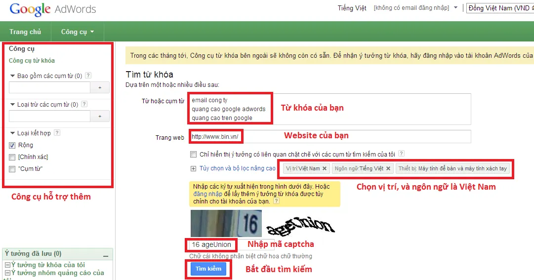 Giao diện chính của Google Keywords Tools