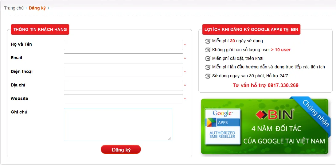 Nhập thông tin đăng ký dịch vụ Google Apps Nhập thông tin đăng ký dịch vụ Google Apps
