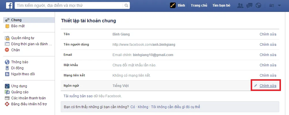 Thay đổi ngôn ngữ Facebook